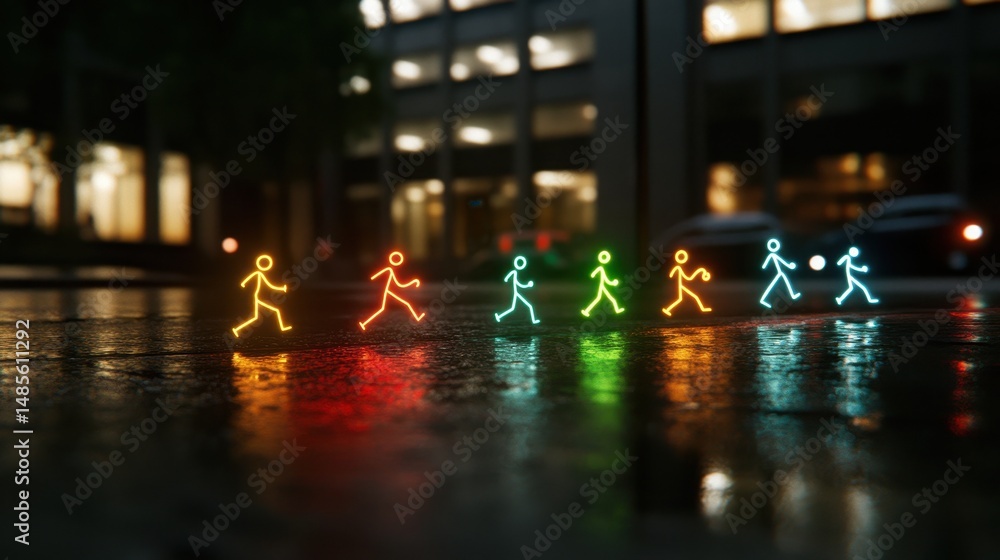 custom made wallpaper toronto digitalNeon stick figures in motion are reflected on a wet city street at night, with blurred buildings and car lights in the background.