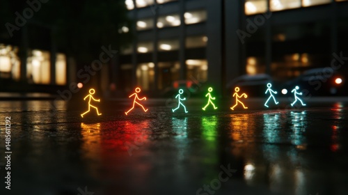 Wallpaper Mural Neon stick figures in motion are reflected on a wet city street at night, with blurred buildings and car lights in the background. Torontodigital.ca