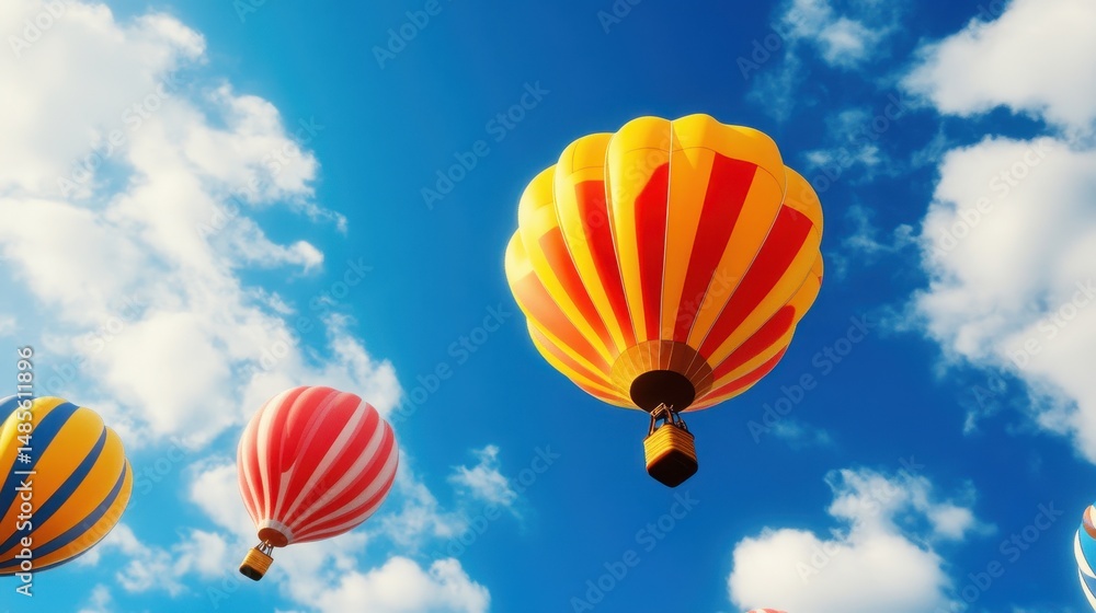 Fototapeta premium Hot air balloons with colorful patterns float in a vibrant blue sky dotted with fluffy white clouds.