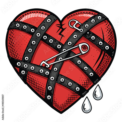 Render a realistic image of a human heart, weeping crimson tears, heavily bandaged and secured with safety pins.  Focus on the raw emotion and vulnerability.