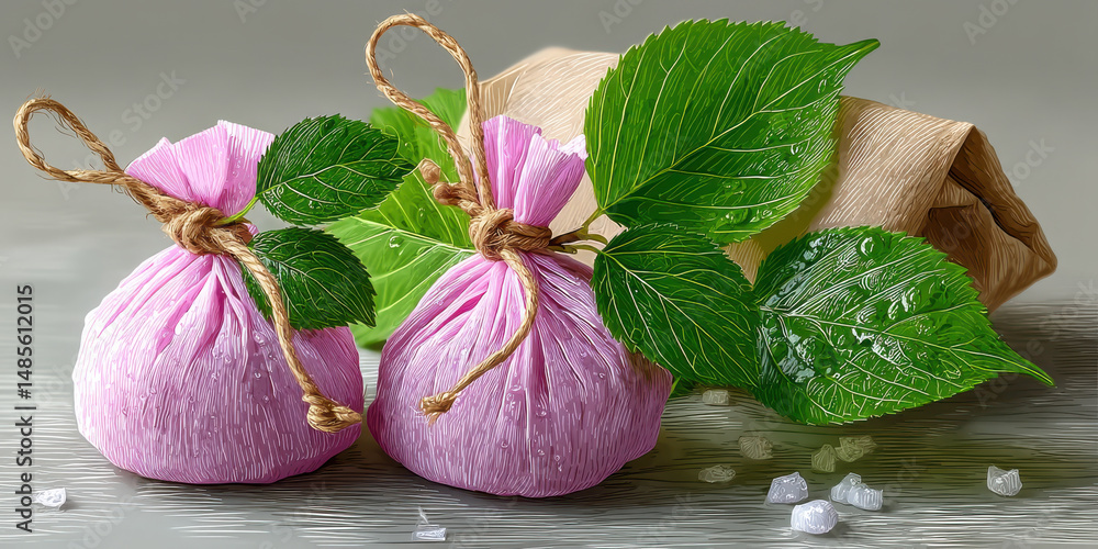 Pink wrapped sakura mochi with green leaves and water drops, tied with natural twine, fresh and delicate Japanese dessert Pink wrapped sakura mochi with green leaves and water drops, tied with natural twine, fresh and delicate Japanese dessert