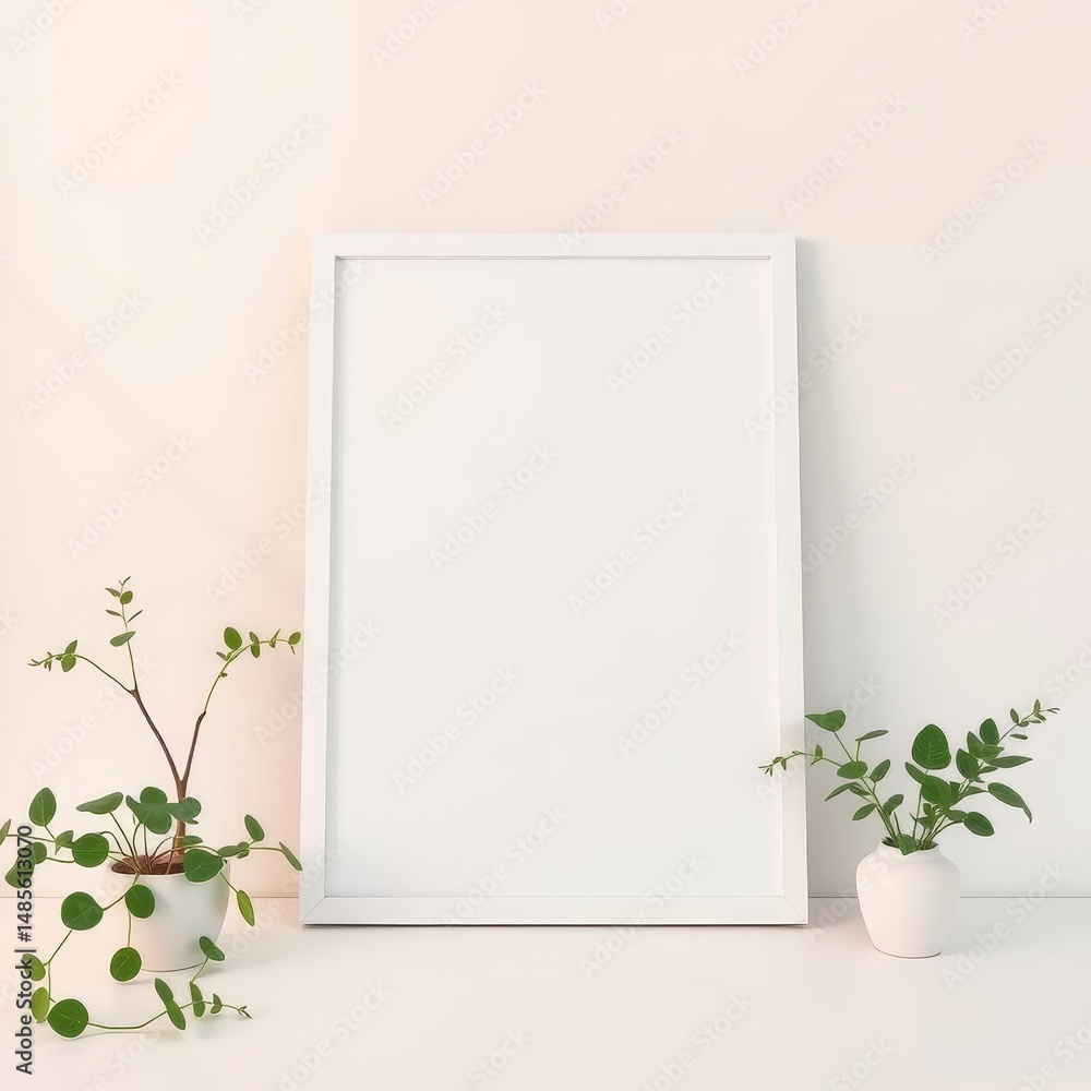 Minimalist blank picture frame with green plants on light background Minimalist blank picture frame with green plants on light background