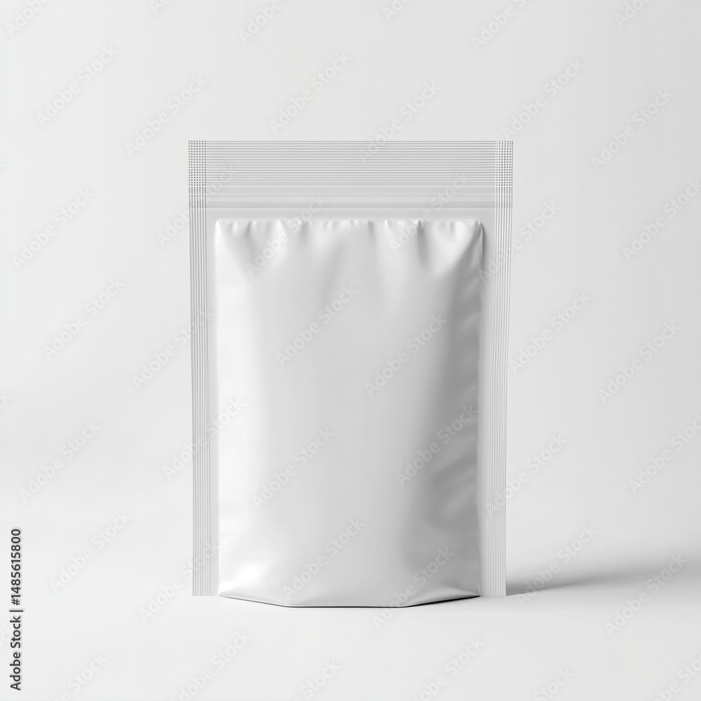 Empty Silver Stand-Up Pouch Package with Zip Lock for Food Snacks Supplements or Cosmetics on White Background Empty Silver Stand-Up Pouch Package with Zip Lock for Food Snacks Supplements or Cosmetics on White Background
