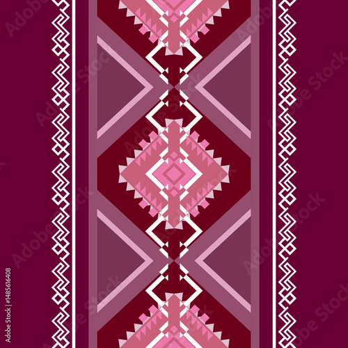 geometric Ethnic pattern in Deep red background. Native American tribal fabric, tile, carpet, cards, picture books, often found in textiles, Southwestern design. christmas card with snowflakes, stars