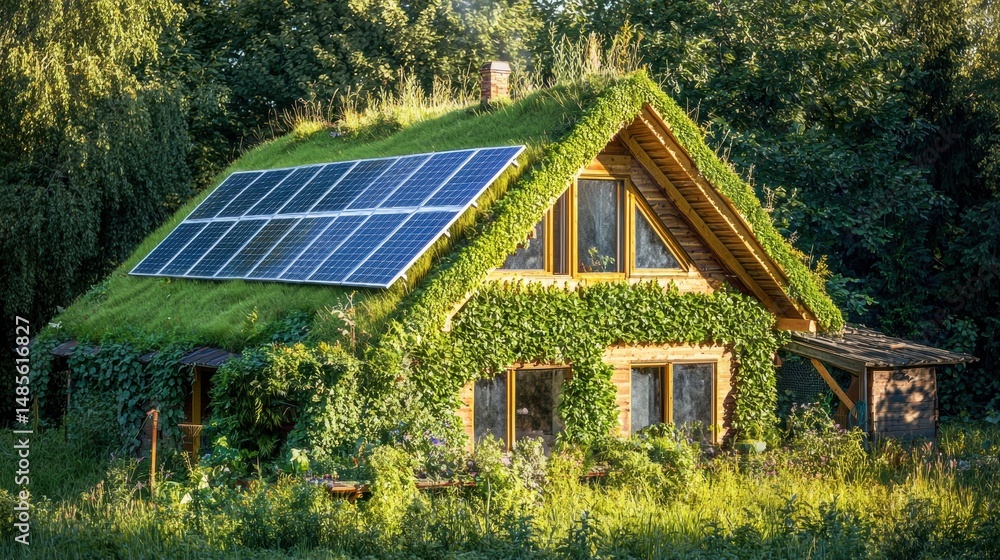 Obraz premium Eco friendly green roof house with solar panels on a rural landscape surrounded by trees and lush grass, sustainable energy home with natural architecture