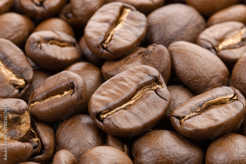 Close-up view of freshly roasted coffee beans showcasing their rich texture and deep color in a warm setting Close-up view of freshly roasted coffee beans showcasing their rich texture and deep color in a warm setting