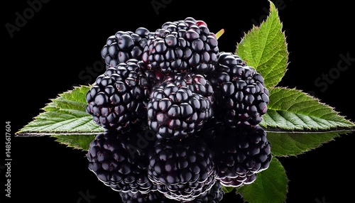 Fresh Blackberries with Leaves on Black Reflective Surface