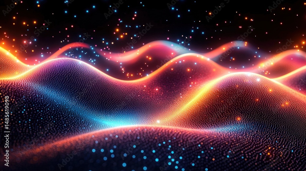 Abstract glowing wave patterns with vibrant orange, blue, and purple particles floating above dynamic curved surfaces against dark background Abstract glowing wave patterns with vibrant orange, blue, and purple particles floating above dynamic curved surfaces against dark background