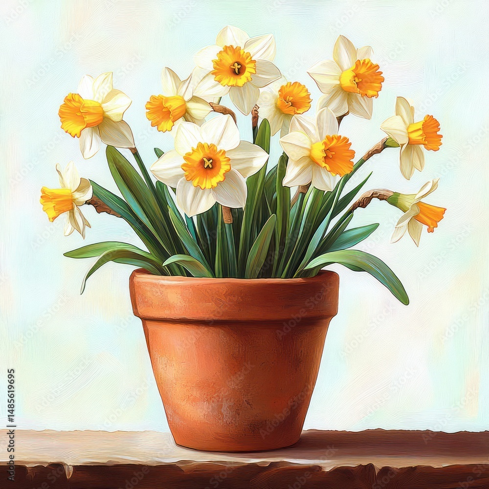 Bright yellow and white daffodils in full bloom arranged in a classic terracotta pot on a wooden surface with a soft pastel background Bright yellow and white daffodils in full bloom arranged in a classic terracotta pot on a wooden surface with a soft pastel background