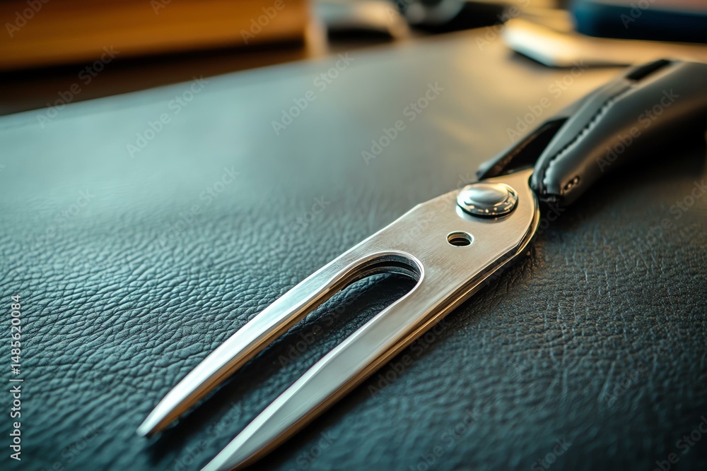 A realistic leather creaser mockup with a metal design, placed on a table A realistic leather creaser mockup with a metal design, placed on a table