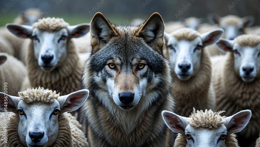 Obraz premium A gray wolf's intense gaze among the sheep