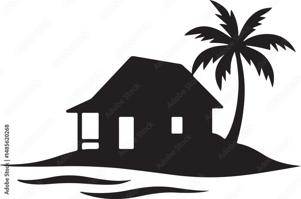 Tropical Beach House Silhouette Vector Illustration