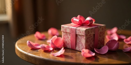A delicately wrapped present sits on a wooden table, surrounded by soft pink petals, bathed in warm sunlight.