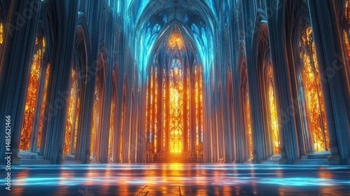 Inside a grand cathedral with tall arched stained glass windows illuminating the space with warm fiery and cool blue light  creating a majestic and serene atmosphere