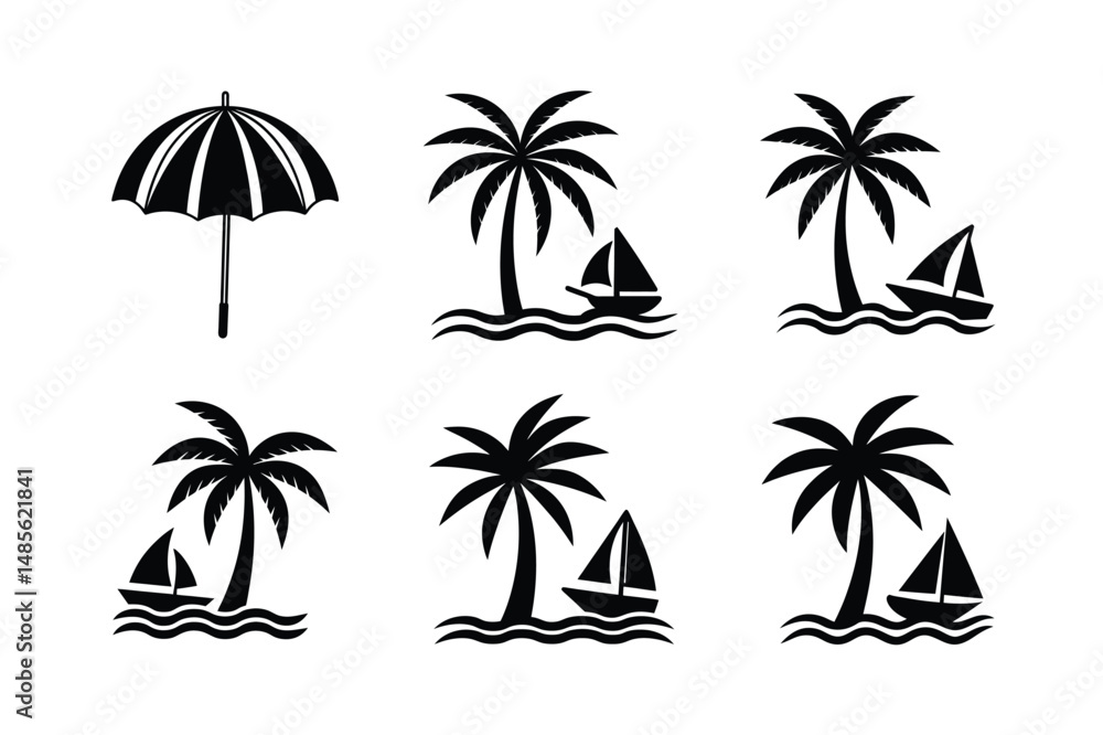 Naklejka premium relaxing beach vector design with palm tree and sailboat