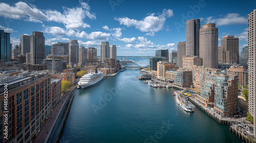 A panoramic view of city skyline, showcasing numerous high-rise buildings in various shades of brown and beige. The buildings are densely clustered along a waterfront area