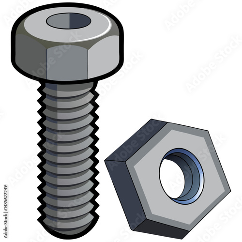 Metal bolt and hex nut mechanical illustration
