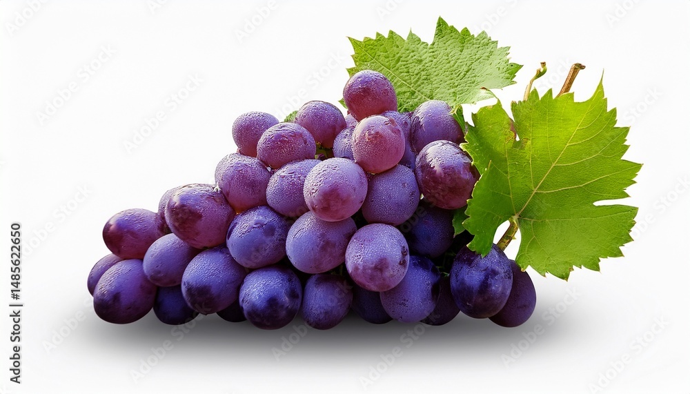 Fototapeta premium Ripe Purple Grapes with Green Leaves on White Background