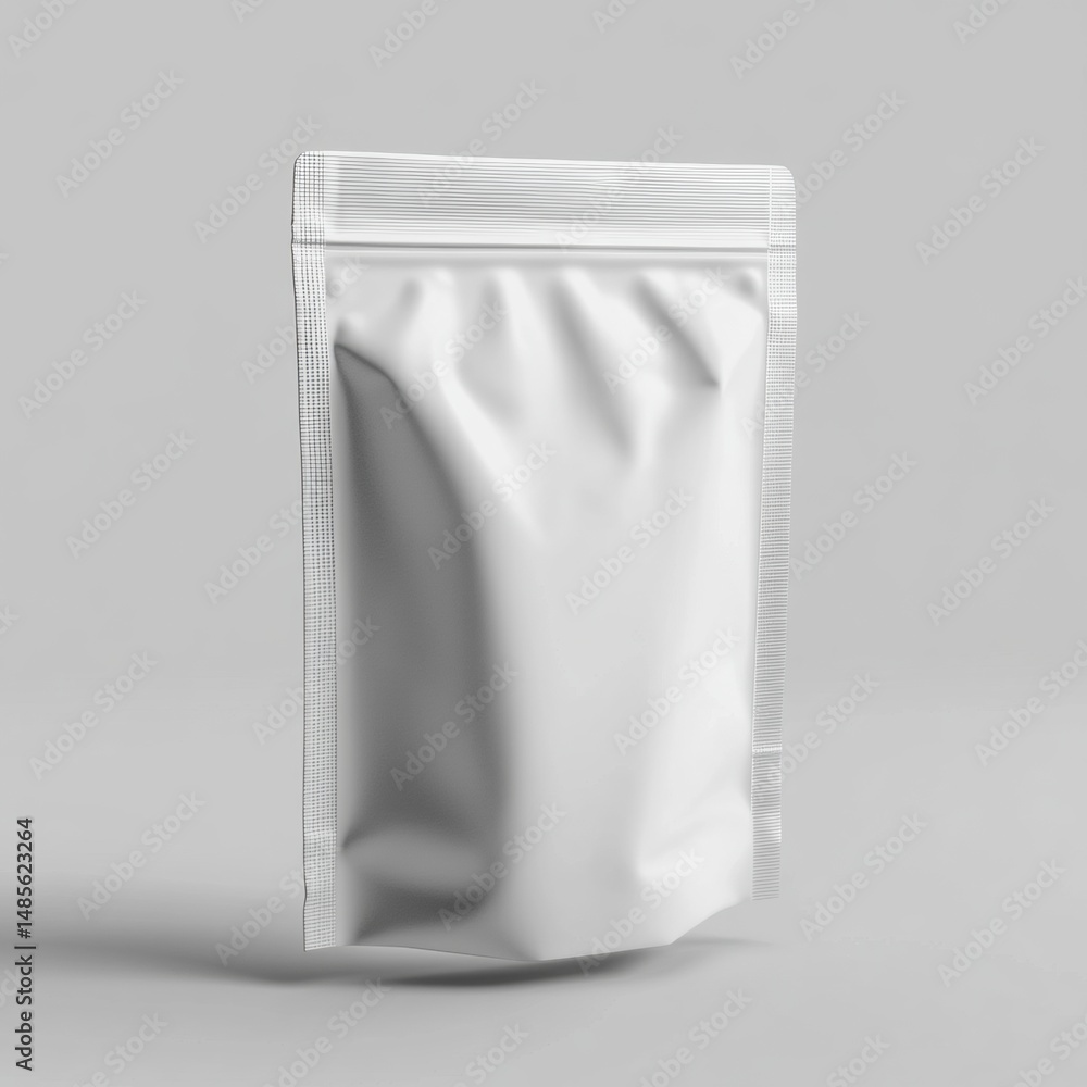 Blank White Stand-Up Zip Lock Pouch for Packaging Food Snacks Supplements or Retail Items with Resealable Closure and Matte Finish on Light Grey Background Blank White Stand-Up Zip Lock Pouch for Packaging Food Snacks Supplements or Retail Items with Resealable Closure and Matte Finish on Light Grey Background
