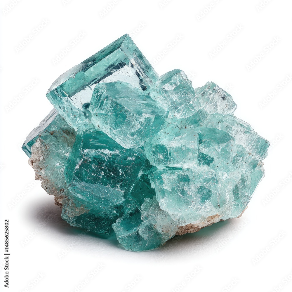 Cluster of light teal, square crystals. A cluster of vibrant light teal, square crystals on a white background. The crystals display a glassy, almost translucent quality Cluster of light teal, square crystals. A cluster of vibrant light teal, square crystals on a white background. The crystals display a glassy, almost translucent quality