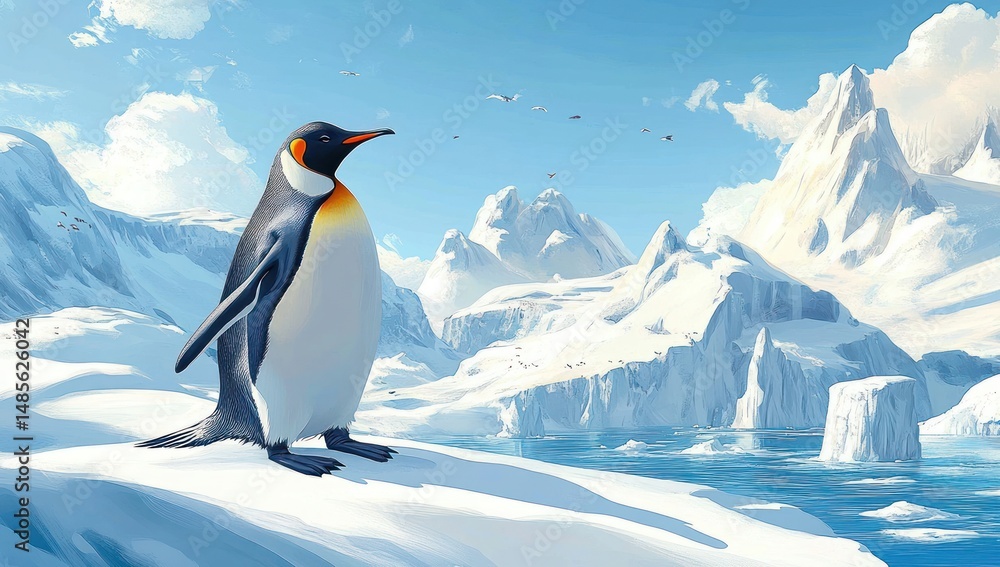 Fototapeta premium Emperor penguin standing on snow-covered landscape with icy mountains and ocean under a bright blue sky with scattered clouds and flying birds