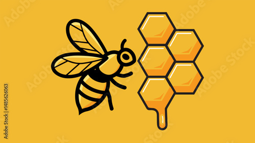 A yellow vector illustration shows a sweet bee insect on a natural honeycomb pattern of wax hexagons and cells