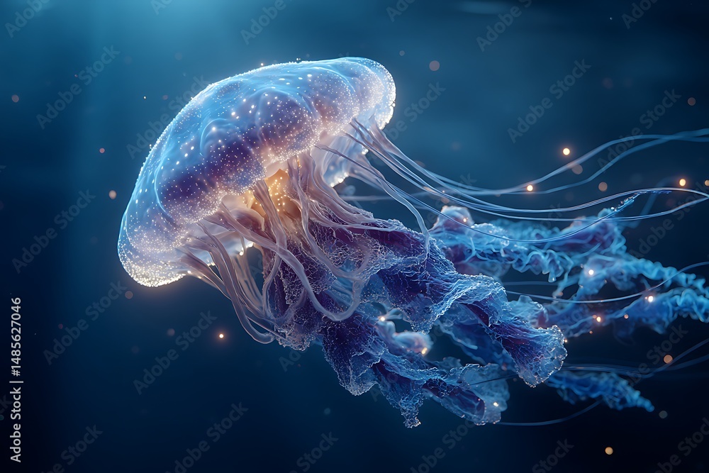 Fototapeta premium Luminous jellyfish floats gently through the ocean