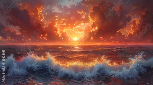 Fiery Sunset over Ocean Waves Dramatic Sky Seascape
