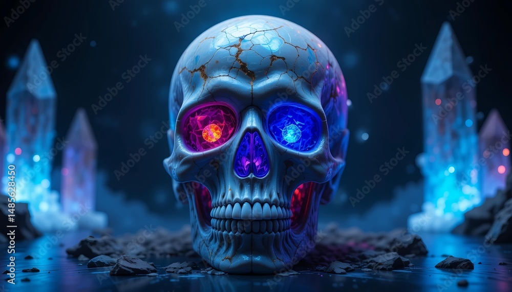 Human skull shaped as a crystal cave with glowing gemstones Human skull shaped as a crystal cave with glowing gemstones