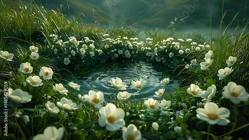 Serene Pond Surrounded by White Flowers and Lush Green Grass
