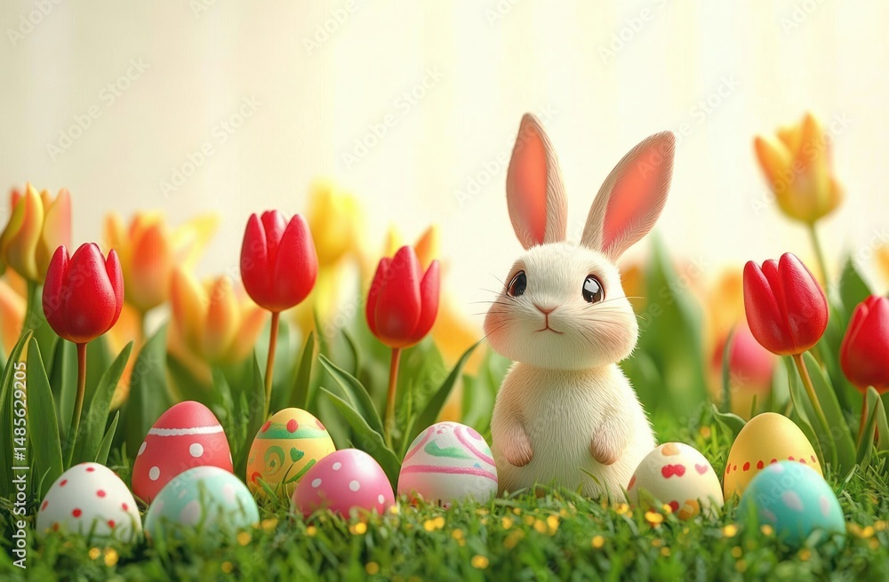 Obraz premium adorable white bunny surrounded by colorful decorated eggs and vibrant red and yellow tulips in bright garden setting