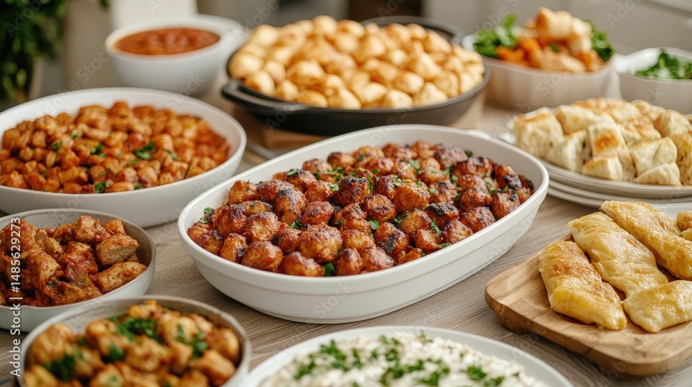 A Beautifully Arranged Table Loaded with Various Culinary Dishes for a Festive Gathering or Family Meal Celebration A Beautifully Arranged Table Loaded with Various Culinary Dishes for a Festive Gathering or Family Meal Celebration