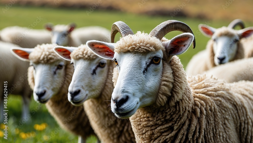 Obraz premium Closeup of sheep grazing in vibrant pasture