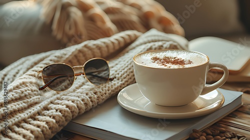 Cozy Autumn Morning with Cappuccino Coffee and Knitwear