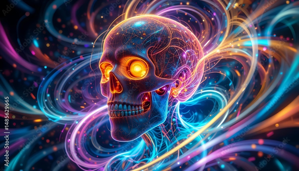 Abstract Neon Glowing Human Skull with Colorful Light Trails Abstract Neon Glowing Human Skull with Colorful Light Trails