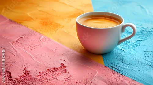 White Coffee Cup on Vibrant Pink Yellow Blue Background
