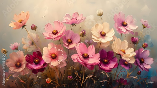 Vibrant Pink and White Cosmos Flower Painting