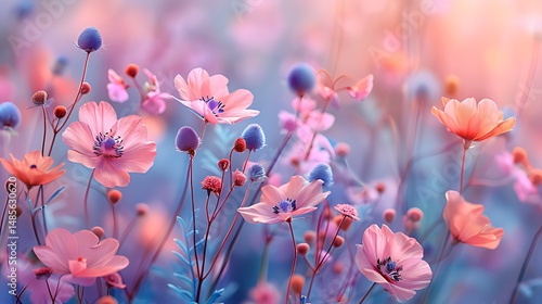 Pastel Pink and Blue Flowers in a Dreamy Field
