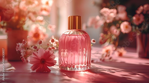 Pink Perfume Bottle with Delicate Flowers in Soft Sunlight