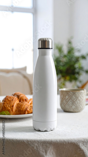 Elegant lifestyle shot with a reusable water bottle, croissants and coffee. Symbolizes wellness, sustainability, and mindful mornings. Perfect for health or ecoconscious content.
