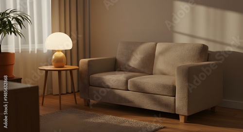 Modern Sofa and Mushroom Lamp in Warm Evening Light