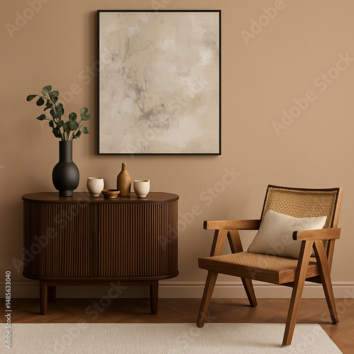 Warm-toned reading nook with a woven chair, dark wood cabinet, dried floral branches, and sculptural pottery. Artistic shadows create a calm, curated ambiance.
