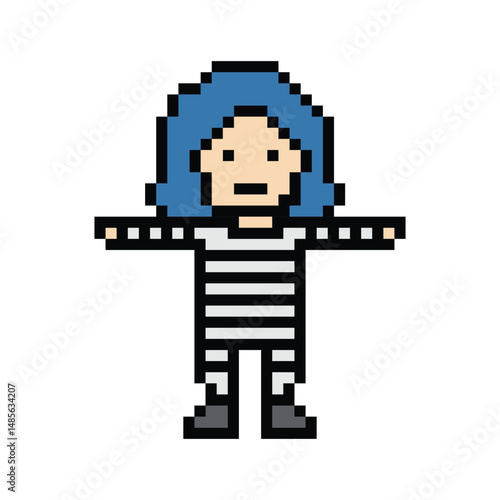 Cute pixel cartoon character prisoner woman in jail prison uniform female lady decoration crime prisoner woman in prison 8 bit cartoon pixel robber 8bit png vector.