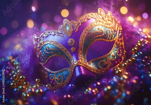 Sparkling carnival mask surrounded by colorful beads and lights.