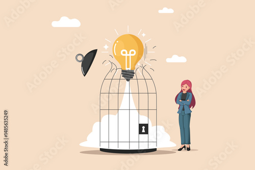 Unleashing the Idea. A Bright Lightbulb Escaping a Birdcage, Symbolizing Freedom of Thought.