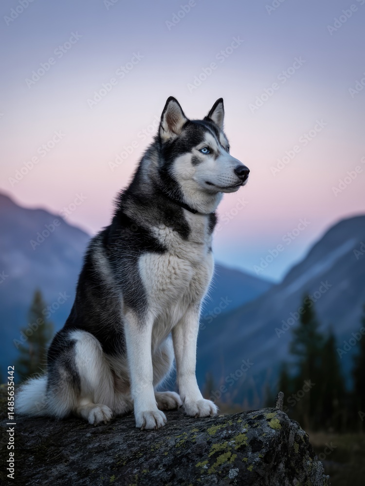 Fototapeta premium Majestic Heterochromatic Siberian Husky Overlooking Misty Mountain Valley at Twilight