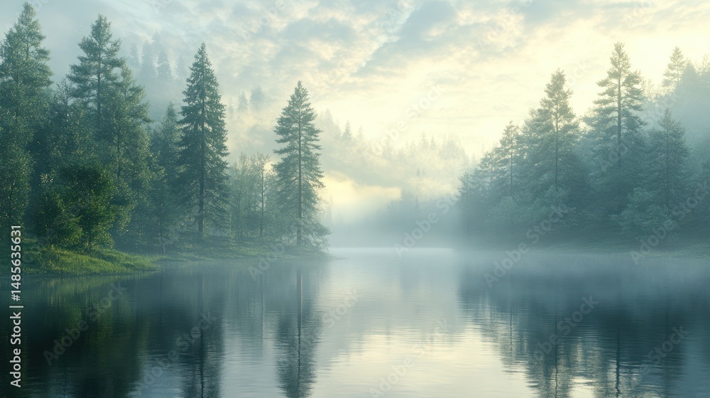 Misty morning lake reflecting forest. Tranquil landscape. Suitable for nature wallpaper or screensaver Misty morning lake reflecting forest. Tranquil landscape. Suitable for nature wallpaper or screensaver