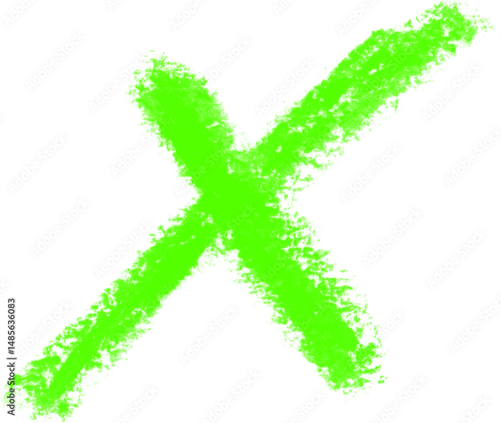 A vibrant neon green X mark scrawled with playful defiance against the void imperfectly on transparent background A vibrant neon green X mark scrawled with playful defiance against the void imperfectly on transparent background