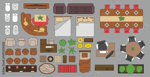 Colorful furniture outline top view. Floor plan icons set for design interior and architectural project. Furniture thin line icon in top view for layout.