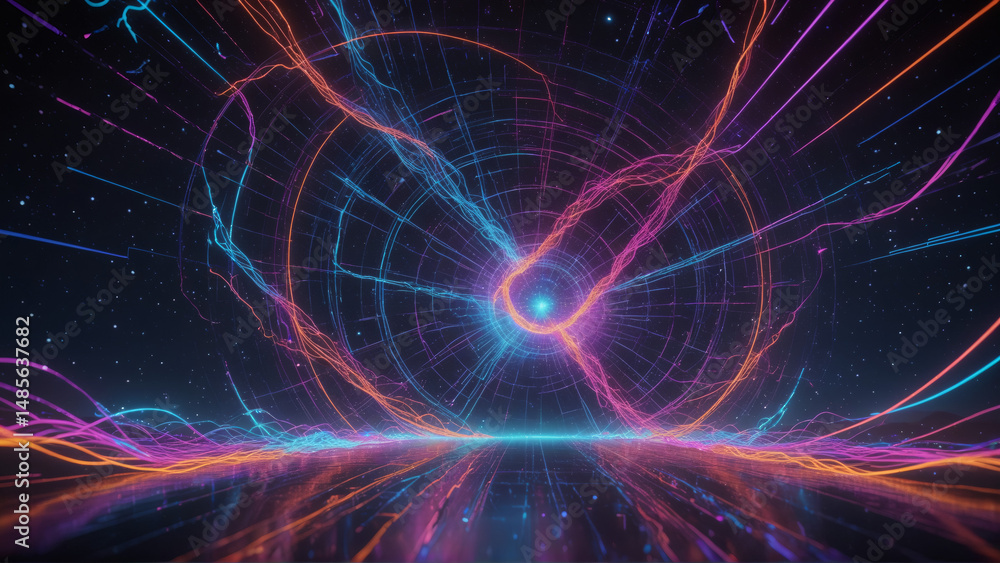 Abstract digital tunnel with vibrant neon light trails Abstract digital tunnel with vibrant neon light trails